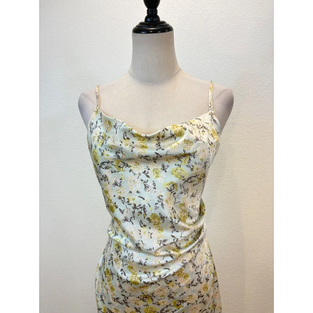 Molly Green Faux Wrap Dress S Yellow  Satin Floral Cowl Midi Wedding Coquette